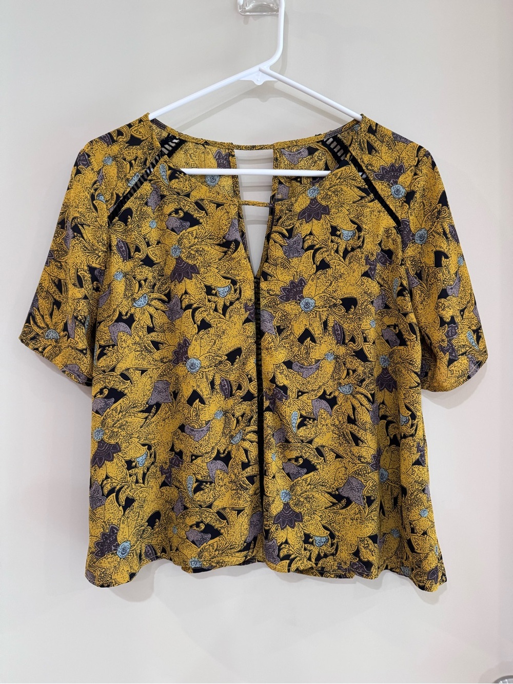 Yellow Floral Blouse Keyhole Neckline